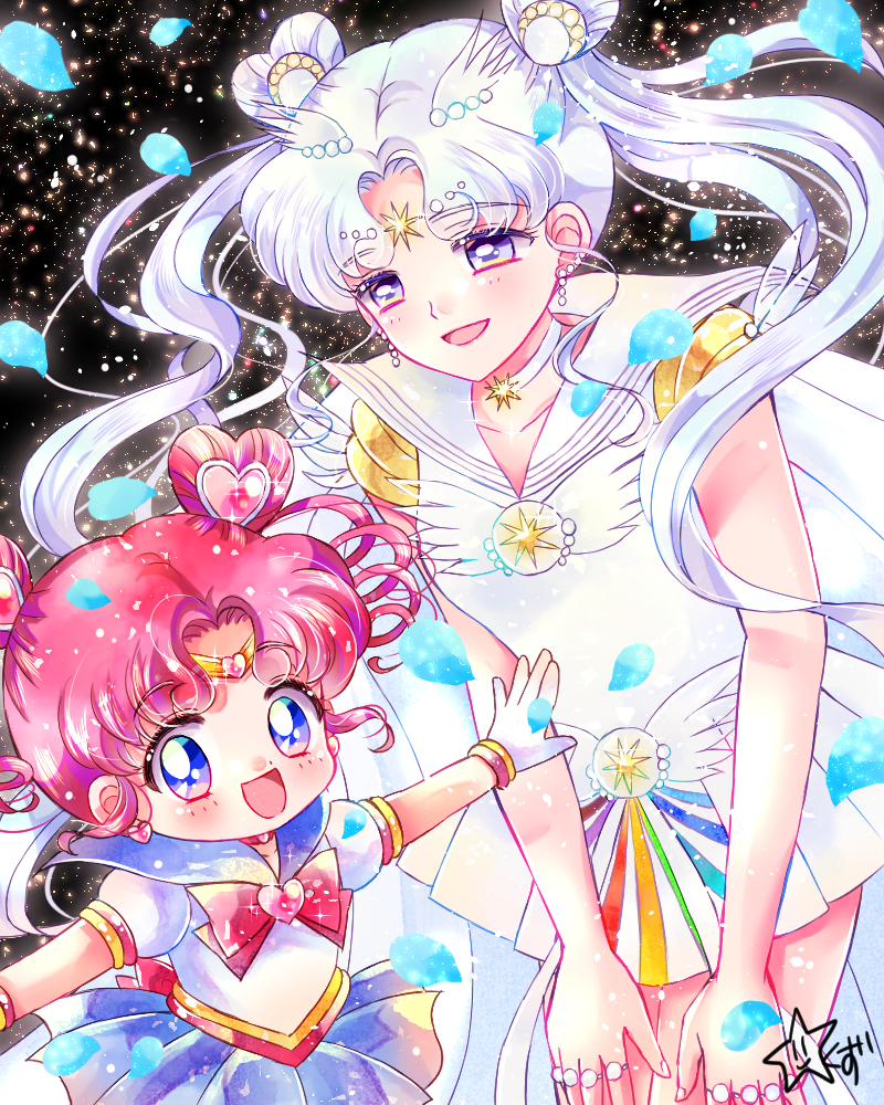 2girls :d back_bow bare_arms bishoujo_senshi_sailor_moon bishoujo_senshi_sailor_moon_stars blue_eyes blue_sailor_collar blue_skirt bow brooch cape chibi_chibi choker circlet cowboy_shot double_bun drill_hair facial_mark forehead_mark gloves grey_eyes hair_bun hair_ornament hairpin happy heart heart_brooch heart_hair_bun hoshikuzu_(milkyway792) jewelry long_hair magical_girl multiple_girls open_mouth outstretched_arms petals pleated_skirt red_bow red_hair ring rose_petals sailor_chibi_chibi sailor_collar sailor_cosmos sailor_senshi sailor_senshi_uniform short_hair signature skirt smile spread_arms star_(symbol) star_choker star_facial_mark twin_drills twintails white_cape white_gloves white_hair white_neckwear white_sailor_collar white_skirt wing_brooch