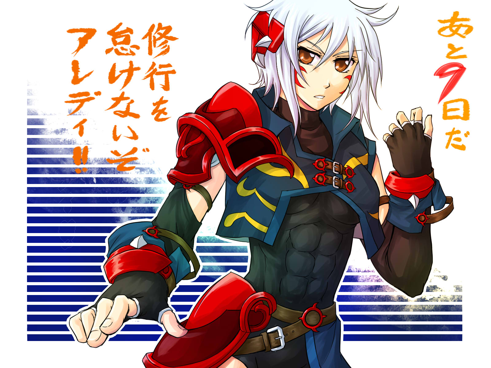 1girl abs banpresto belt brown_eyes cindy_bird facepaint female_focus fingerless_gloves gloves highres muscular riyan short_hair solo super_robot_wars super_robot_wars_og_saga_mugen_no_frontier super_robot_wars_og_saga_mugen_no_frontier_exceed translated white_hair