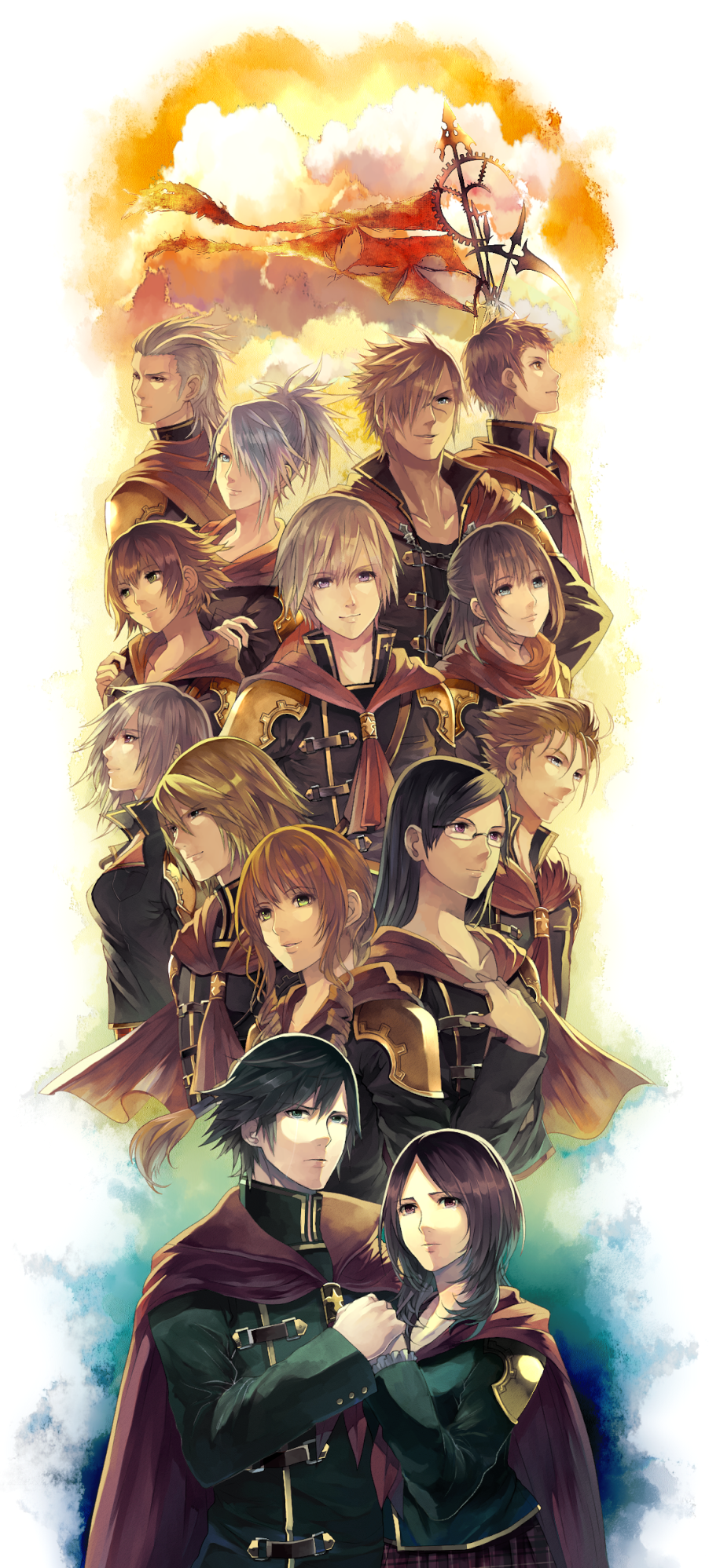 6+boys 6+girls ace_(fft-0) black_hair blonde_hair blue_eyes brown_eyes brown_hair cape cater_(fft-0) cinque_(fft-0) collarbone deuce_(fft-0) drill_hair eight_(fft-0) final_fantasy final_fantasy_type-0 glasses green_eyes hair_over_one_eye highres jack_(fft-0) king_(fft-0) kunagiri_machina lips looking_at_viewer multiple_boys multiple_girls nine_(fft-0) purple_eyes queen_(fft-0) scar seven_(fft-0) sice_(fft-0) smile tokimiya_rem trey_(fft-0) white_hair xino