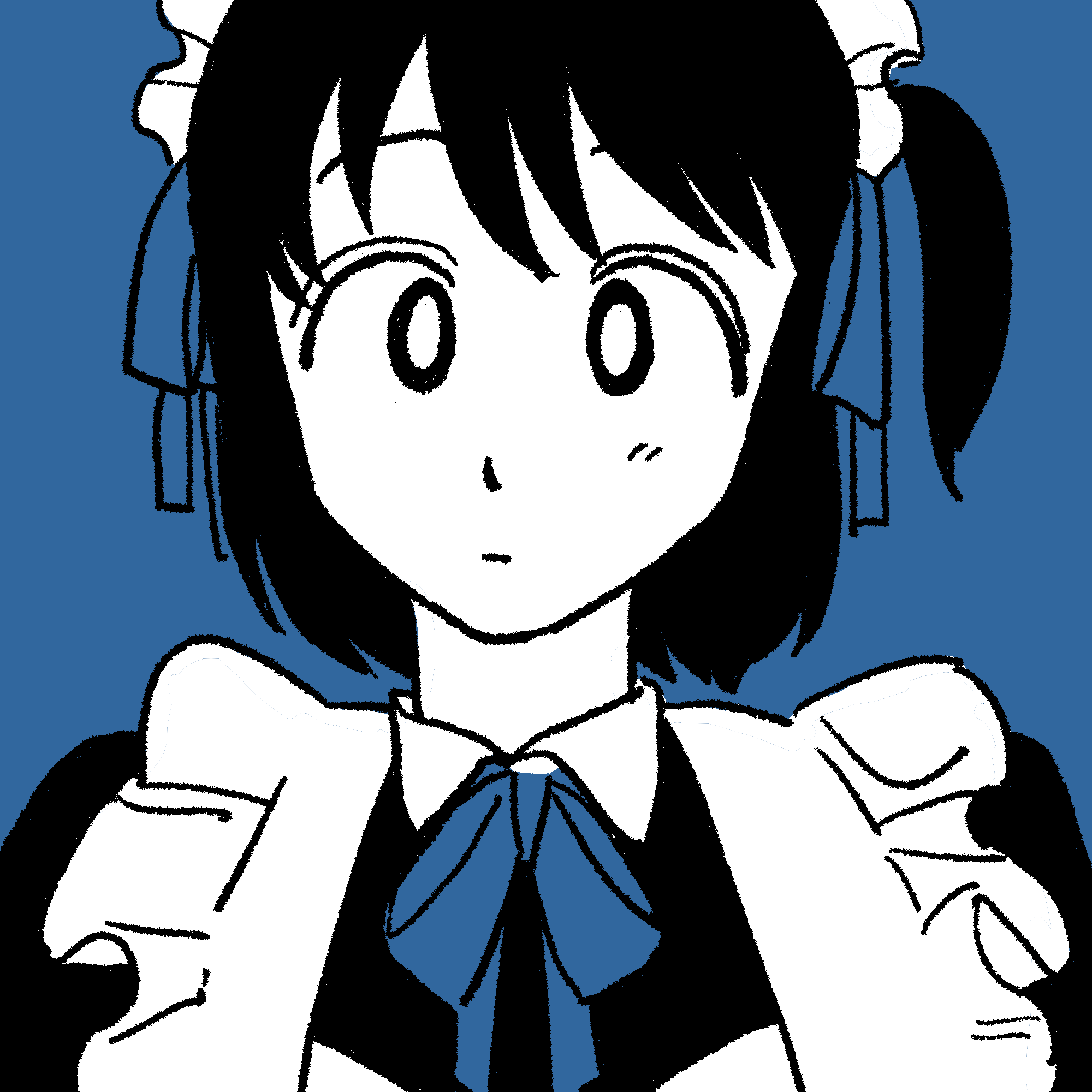 1girl apron arashiyama_hotori blue_background blue_ribbon blue_theme bright_pupils closed_mouth hair_ribbon highres looking_at_viewer maid_headdress meguru_desu monochrome one_side_up portrait ribbon short_hair simple_background solo soredemo_machi_wa_mawatteiru white_pupils