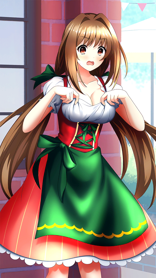 1girl apron bare_arms blush bow breasts brown_eyes brown_hair cleavage clothes_lift collarbone day doukyuusei_(series) doukyuusei_another_world embarrassed floating_hair game_cg german_clothes green_apron green_bow green_ribbon hair_bow hair_intakes kakyuusei_(series) kakyuusei_2 large_breasts long_hair low_twintails medium_skirt open_mouth outdoors red_skirt ribbon saimon_tamaki shirt shirt_lift short_sleeves skirt solo standing striped_clothes striped_skirt sweatdrop twintails underbust very_long_hair waist_apron wavy_mouth white_shirt
