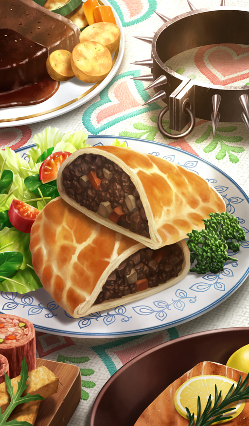 broccoli calzone commentary fate/grand_order fate_(series) food food_focus food_request fruit garnish gravy lemon lemon_slice meat mibuta_akihiro no_humans official_art plate potato salad spikes still_life third-party_source tomato tomato_slice