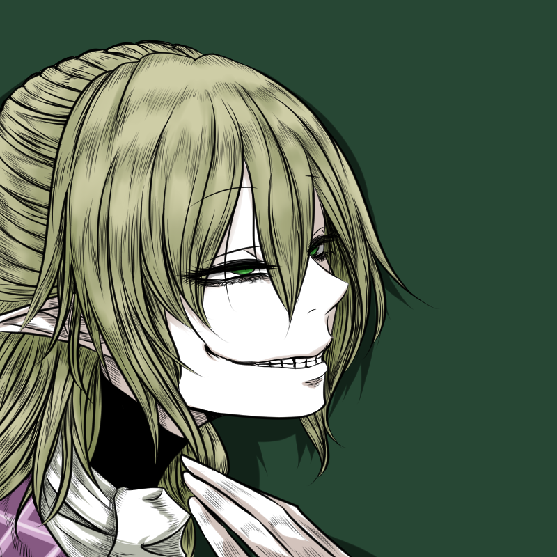 1girl bags_under_eyes blonde_hair commentary_request green_background green_eyes grin hair_between_eyes long_bangs mizuhashi_parsee pale_skin pointy_ears portrait scarf sei_no_ji shadow short_hair simple_background smile solo touhou white_scarf