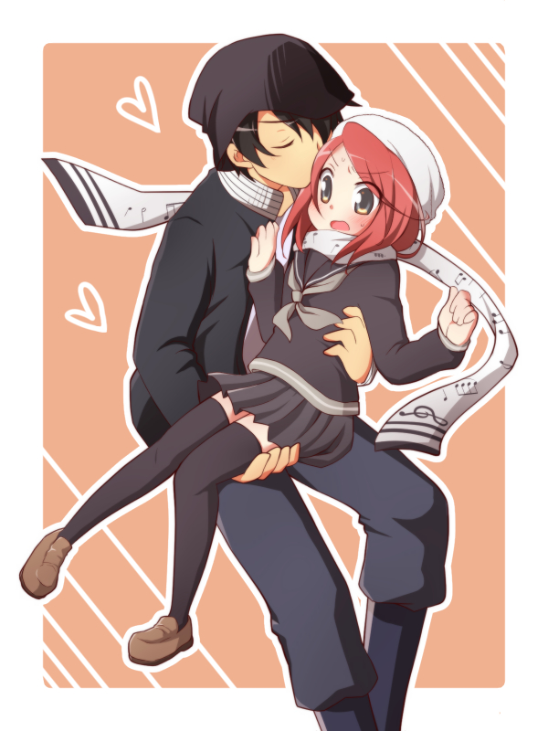 10s 1boy 1girl ban_airi black_thighhighs carrying couple devil_survivor_(series) devil_survivor_2 heart hetero kiss princess_carry red_hair school_uniform serafuku short_hair skirt taiki_(6240taiki) thighhighs torii_jungo