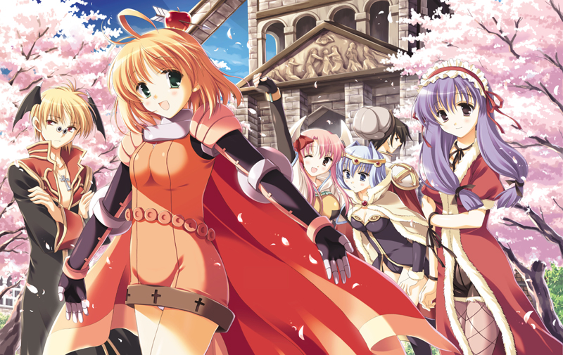 2boys 4girls apple apple_o_archer armor blonde_hair cape cherry_blossoms crusader_(ragnarok_online) everyone food food_as_clothes fruit happy hunter hunter_(ragnarok_online) knight_(ragnarok_online) lord_knight_(ragnarok_online) multiple_boys multiple_girls odawara_hakone petals priest priest_(ragnarok_online) ragnarok_online rogue_(ragnarok_online) tree wizard wizard_(ragnarok_online)