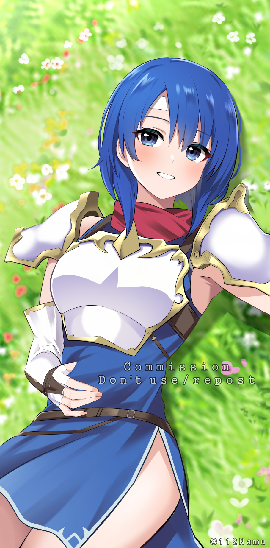 1girl armor blue_eyes blue_hair blush breastplate catria_(fire_emblem) commentary_request commission dot_nose fire_emblem fire_emblem:_mystery_of_the_emblem fire_emblem_echoes:_shadows_of_valentia from_above gold_trim headband highres lying medium_hair muneate namu_(112namu) nintendo on_back on_grass pauldrons pixiv_commission shoulder_armor side_slit smile solo white_headband