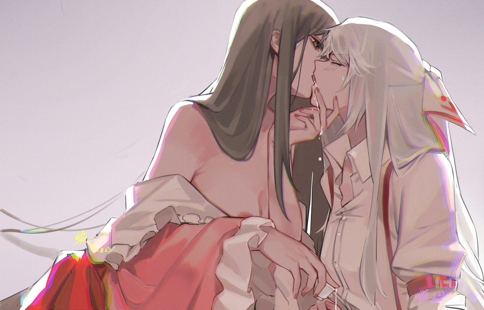 2girls bare_shoulders black_hair blush bow breasts choko_(cup) chromatic_aberration closed_eyes cup dated french_kiss frilled_sleeves frills from_side fujiwara_no_mokou grey_background hair_bow highres holding holding_cup houraisan_chouko houraisan_kaguya kiss long_hair long_sleeves looking_at_another medium_breasts multiple_girls nail_polish off_shoulder pink_shirt profile red_eyes red_nails saliva shirt sidelocks silver_hair simple_background suspenders touhou upper_body white_bow white_shirt wide_sleeves wing_collar yuri