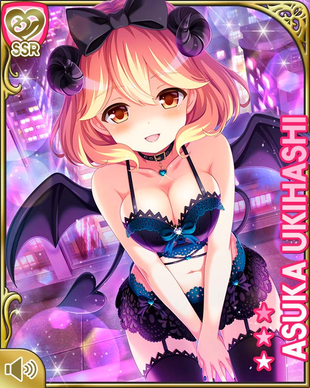 1girl :d black_bow black_bra black_nails black_panties black_thighhighs blonde_hair blue_bow blue_nails bow bra breasts brown_eyes card_(medium) cleavage demon_girl demon_horns demon_tail demon_wings girlfriend_(kari) hair_bow horns lingerie medium_breasts midriff multicolored_nails nail_polish navel night official_art open_mouth outdoors panties pink_background qp:flapper short_hair smile solo tagme tail thighhighs ukihashi_asuka underwear wings