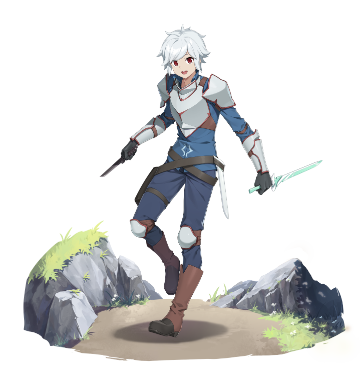 1boy :d armor bell_cranel blue_pants blue_shirt boots breastplate brown_boots commentary counter:side dual_wielding dungeon_ni_deai_wo_motomeru_no_wa_machigatteiru_darou_ka english_commentary full_body grass holding knee_boots knee_pads leg_up looking_at_viewer male_focus official_art open_mouth pants path pauldrons red_eyes reverse_grip road rock sheath shirt short_hair short_sword shoulder_armor simple_background smile sword thigh_strap transparent_background unsheathed vambraces weapon white_hair
