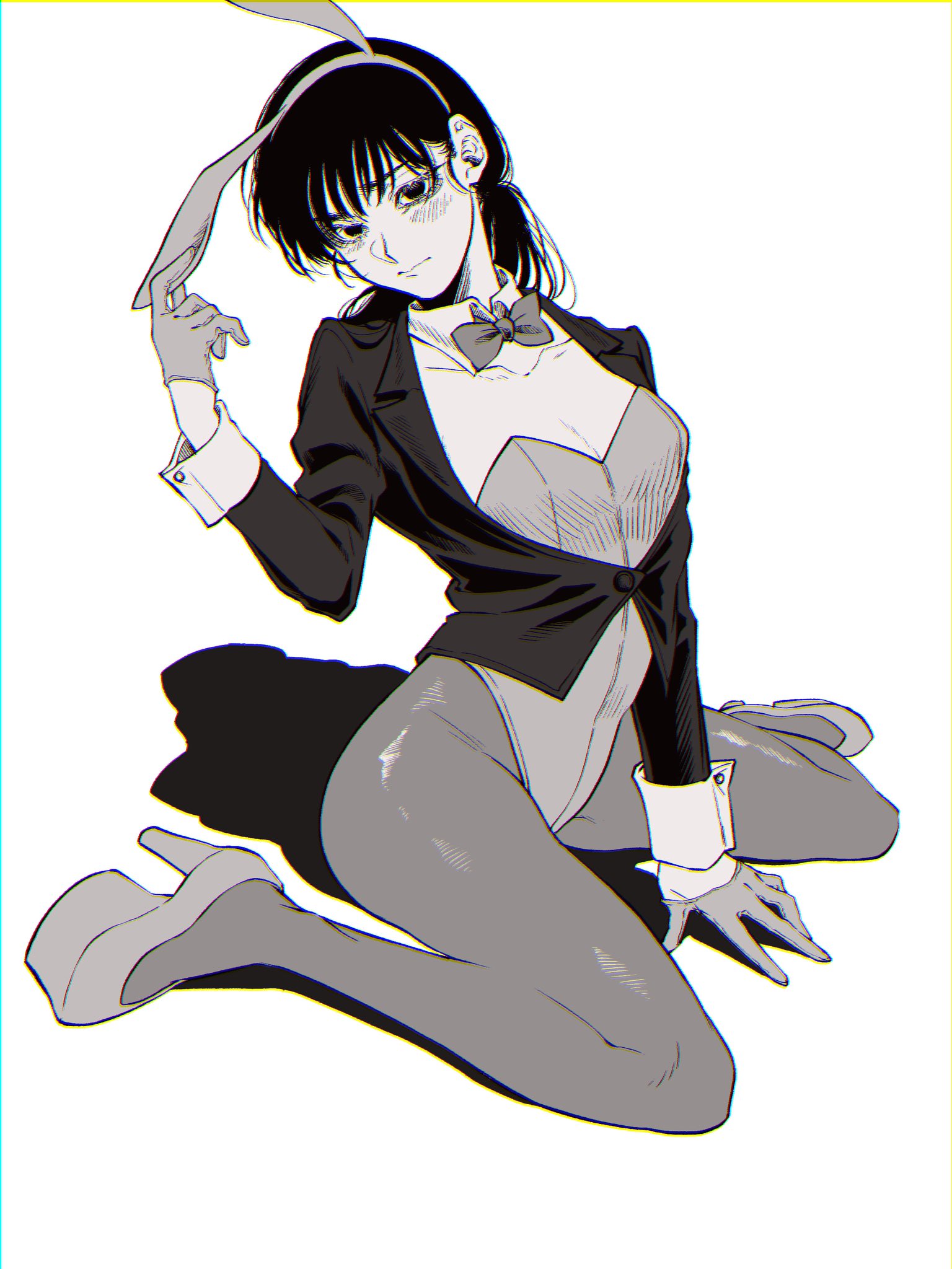 1girl animal_ears black_hair blush bow bowtie chainsaw_man commentary_request fake_animal_ears gloves greyscale haru_rice high_heels highres leotard long_hair looking_at_viewer mitaka_asa monochrome pantyhose playboy_bunny rabbit_ears simple_background sitting solo wrist_cuffs