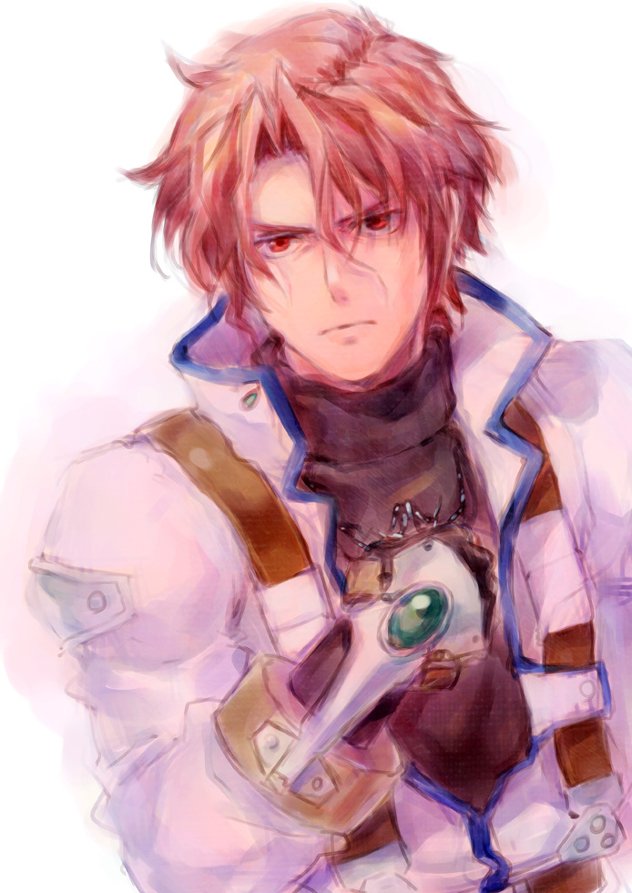 1boy axel_almer banpresto jacket jewelry male_focus nakamura_kanko necklace red_eyes red_hair simple_background solo super_robot_wars super_robot_wars_advance white_background