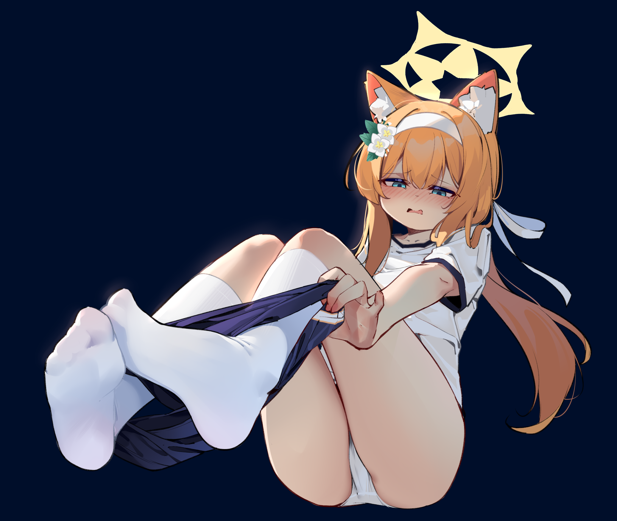 1girl animal_ear_fluff animal_ears blue_archive blue_eyes blush buruma buruma_pull clothes_pull embarrassed full-face_blush highres long_hair mari_(blue_archive) mari_(track)_(blue_archive) no_shoes open_mouth orange_hair painterliuhao panties shirt short_sleeves socks solo underwear white_panties white_shirt white_socks