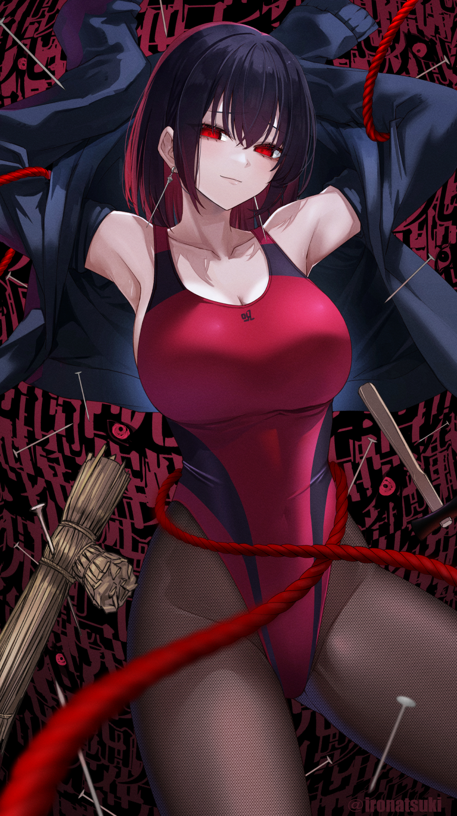 1girl armpits arms_up artist_name black_hair black_jacket breasts brown_pantyhose cleavage closed_mouth collarbone competition_swimsuit cowboy_shot earrings highres ironatsuki jacket jewelry large_breasts long_sleeves looking_at_viewer multicolored_hair nail_(hardware) one-piece_swimsuit open_clothes open_jacket original pantyhose pantyhose_under_swimsuit red_eyes red_hair red_one-piece_swimsuit short_hair sleeves_past_fingers sleeves_past_wrists smile solo straw_doll swimsuit two-tone_background two-tone_hair