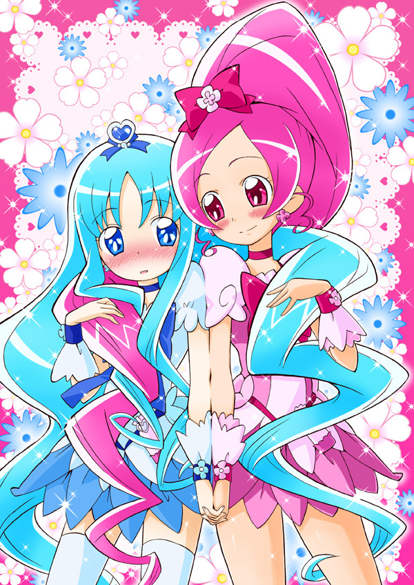 10s 2girls blue_eyes blue_hair blue_skirt blush cherry_blossoms choker cure_blossom cure_marine dress earrings embarrassed flower hair_ornament hairpin hanasaki_tsubomi heart heartcatch_precure! high_ponytail holding_hands jewelry kurumi_erika long_hair magical_girl multiple_girls official_style pink_eyes pink_hair pink_skirt ponytail precure ribbon skirt smile thighhighs wrist_cuffs yuuma_(artist) yuuma_(skirthike)