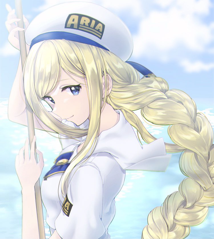 1girl alicia_florence aogirism aria_(manga) aria_company_uniform arm_up beret blonde_hair blue_bow blue_bowtie blue_eyes blue_ribbon blue_sky bow bowtie braid braided_ponytail breasts closed_mouth cloud cloudy_sky commentary_request from_side gold_trim hand_up hat hat_ribbon holding holding_oar long_hair looking_at_viewer medium_breasts oar ocean parted_bangs ribbon sailor_collar short_sleeves sidelocks sky solo upper_body very_long_hair water white_hat