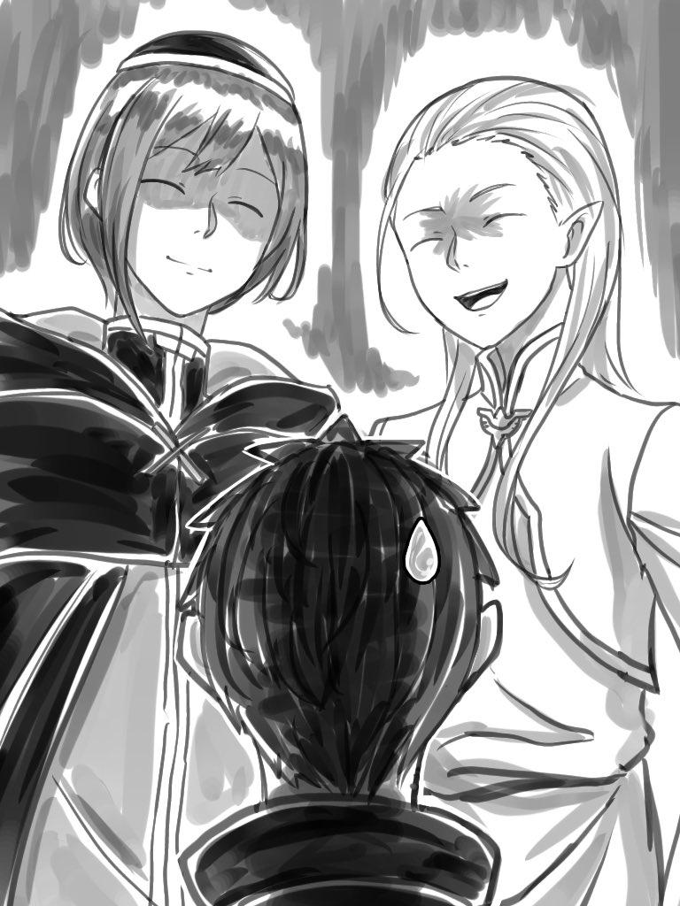 3boys antena_sasaru archie_(re:zero) cape closed_eyes elf evil_aura evil_grin evil_smile grin jacket long_hair multiple_boys natsuki_subaru petelgeuse_romaneeconti pointy_ears ponytail priest_hat re:zero_kara_hajimeru_isekai_seikatsu short_hair smile sweatdrop track_jacket witch_cult_uniform