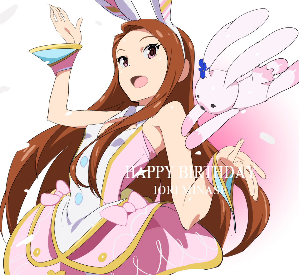 1girl :d animal_ears bare_shoulders birthday bow breasts brown_eyes brown_hair character_name commentary dress english_text fake_animal_ears gradient_background hairband hand_up idolmaster idolmaster_(classic) long_hair minase_iori open_mouth pink_background pink_bow pink_dress rabbit_ears raised_eyebrows shino_(comic_penguin_club) small_breasts smile solo stuffed_animal stuffed_rabbit stuffed_toy w_arms white_background