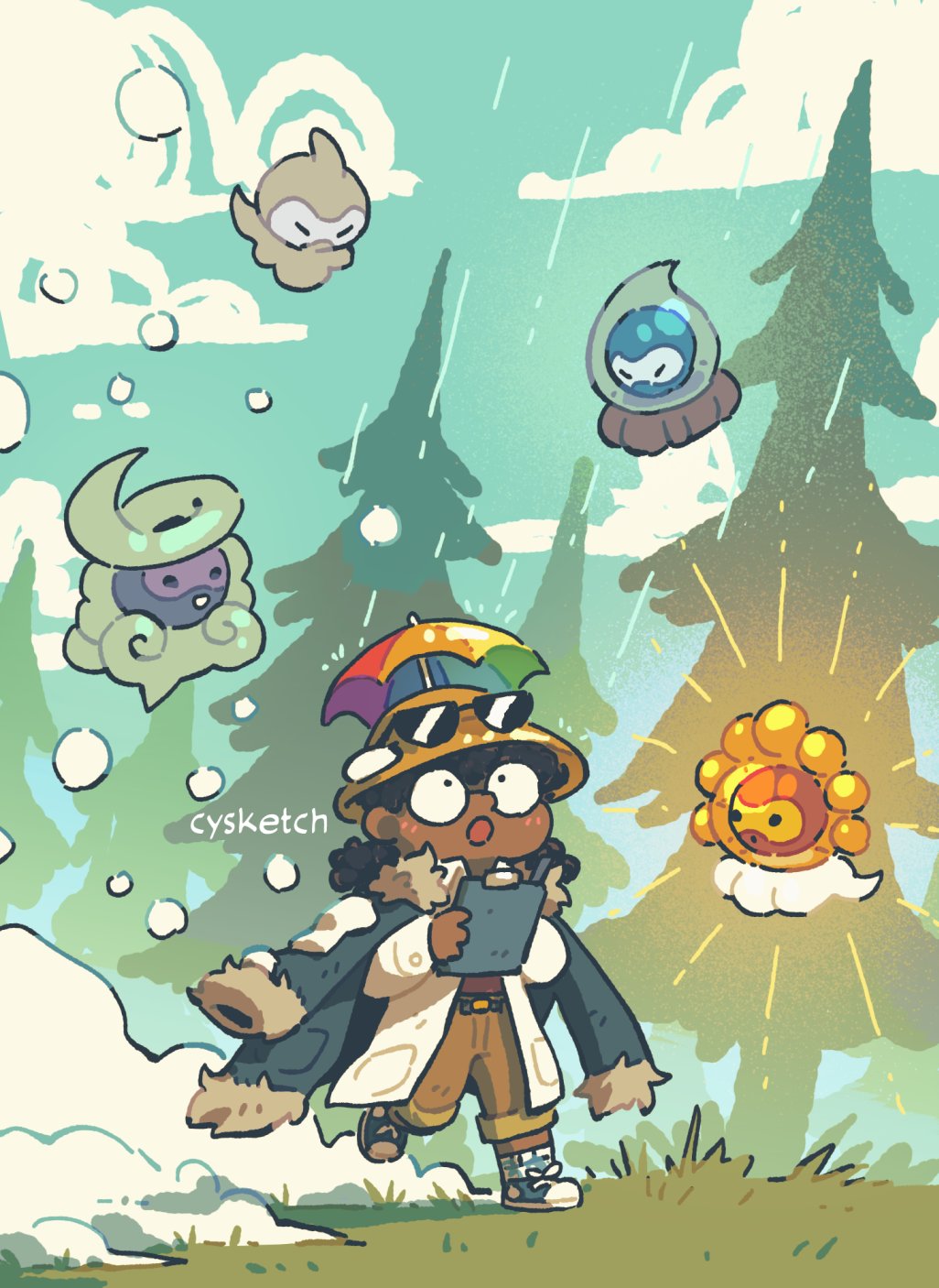1girl :o black_eyes black_hair blush brown_headwear castform castform_(normal) castform_(rainy) castform_(snowy) castform_(sunny) coat coat_on_shoulders commentary cysketch dark-skinned_female dark_skin eyewear_on_headwear fur-trimmed_coat fur_trim gen_3_pokemon grass hat highres looking_up nintendo open_clothes open_coat pants pokemon pokemon_(creature) shoes signature sneakers socks standing sunglasses tree umbrella white_coat