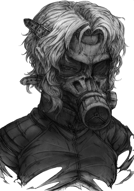 1boy gas_mask greyscale imizu_(nitro_unknown) male_focus mask metal_gear_(series) metal_gear_solid monochrome psycho_mantis short_hair simple_background solo tretji_rebenok