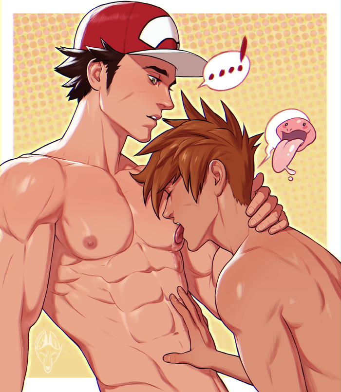2boys abs artist_logo bara baseball_cap blue_oak brown_hair commentary english_commentary fox_bravo gen_1_pokemon hand_on_another&#039;s_neck hand_on_another&#039;s_stomach hat licking licking_nipple lickitung logo male_focus multiple_boys navel nintendo nipple_stimulation nipples pectorals pokemon pokemon_sm red_(pokemon) saliva short_hair toned toned_male tongue tongue_out yaoi