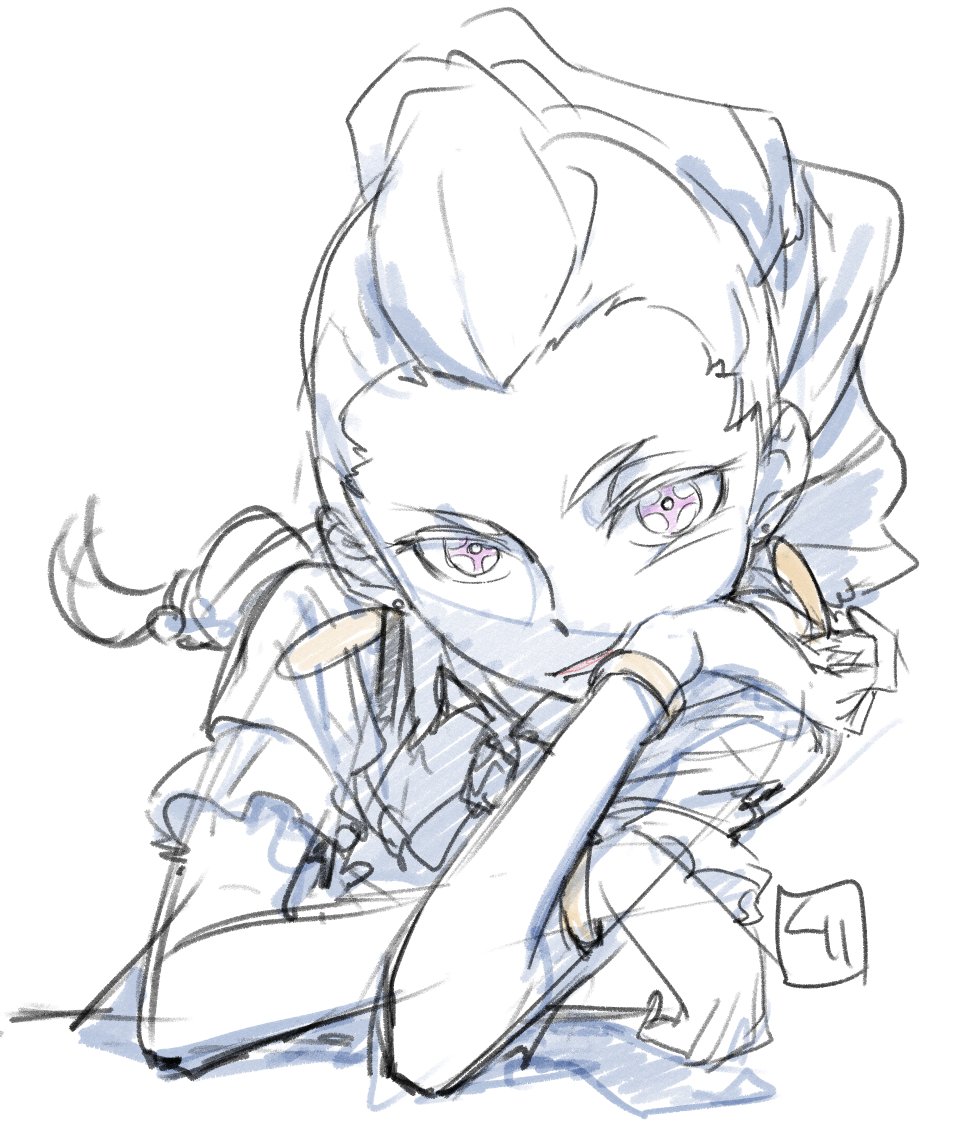 1girl bracelet braid closed_mouth death_parade earrings greyscale jewelry kurita_shin&#039;ichi lips long_hair looking_at_viewer monochrome nona_(death_parade) purple_eyes simple_background single_braid solo spot_color white_background