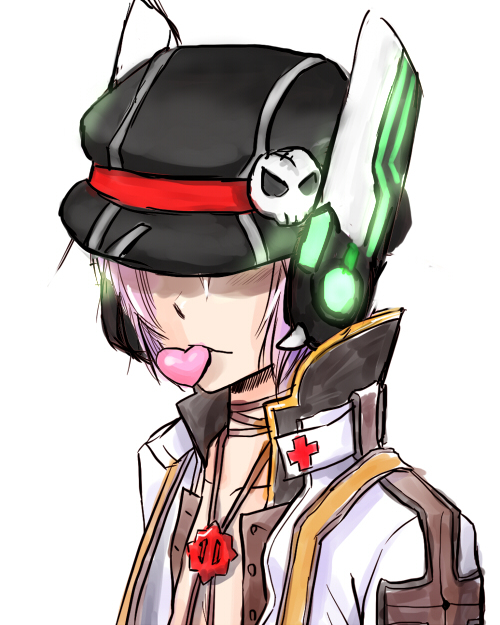 1boy arch_bishop_(ragnarok_online) black_hat closed_mouth commentary_request cross cross_necklace cross_of_prontera hat hat_ornament hat_over_eyes heart jacket jewelry male_focus mouth_hold necklace newsboy_cap purple_hair ragnarok_online robot_ears short_hair simple_background skull_hat_ornament solo upper_body white_background white_jacket yukimushi