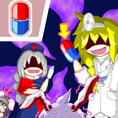 4girls :d ^^^ alternate_costume animal_ears arrow_(symbol) black_hair blonde_hair blush_stickers braid cross crossover dr._mario_(game) evil_smile hand_in_pocket hat head_mirror holding inaba_tewi kirisame_marisa lab_coat long_hair lowres mario_(series) multiple_girls myonde nervous nintendo no_headwear no_pupils o_o oekaki open_mouth parody peeking_out pill rabbit_ears red_cross reisen_udongein_inaba shaded_face side_braid silver_hair smile stethoscope super_mario_bros._1 super_marisa_world sweat touhou very_long_hair x_mouth yagokoro_eirin