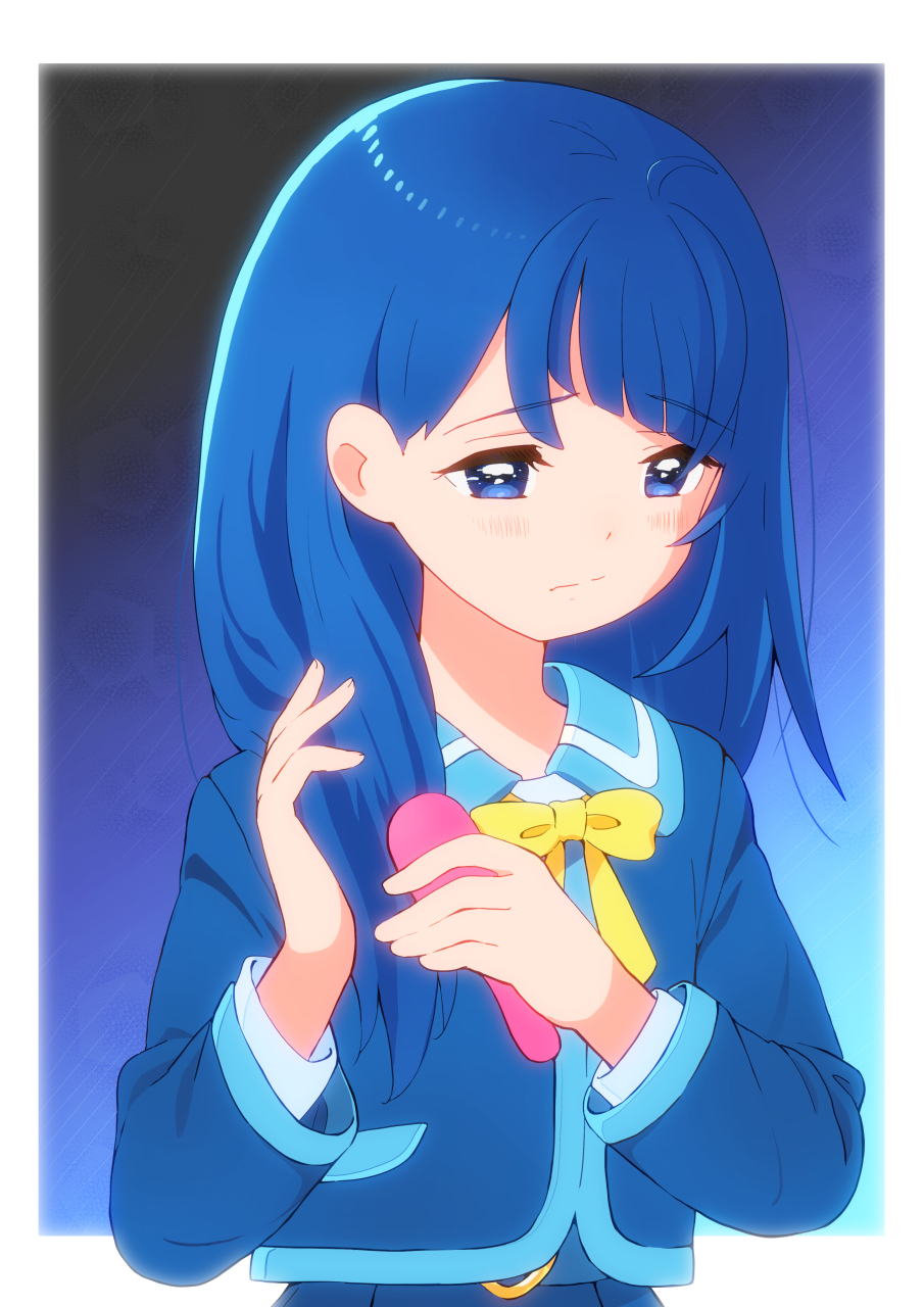1girl blue_eyes blue_hair blue_jacket blue_skirt blush bow bowtie closed_mouth collared_shirt comb highres hirogaru_sky!_precure holding jacket kyanos_(b_0000ff) medium_hair pleated_skirt precure school_uniform shirt skirt solo sora_harewataru sorashido_academy_school_uniform white_shirt yellow_bow yellow_bowtie