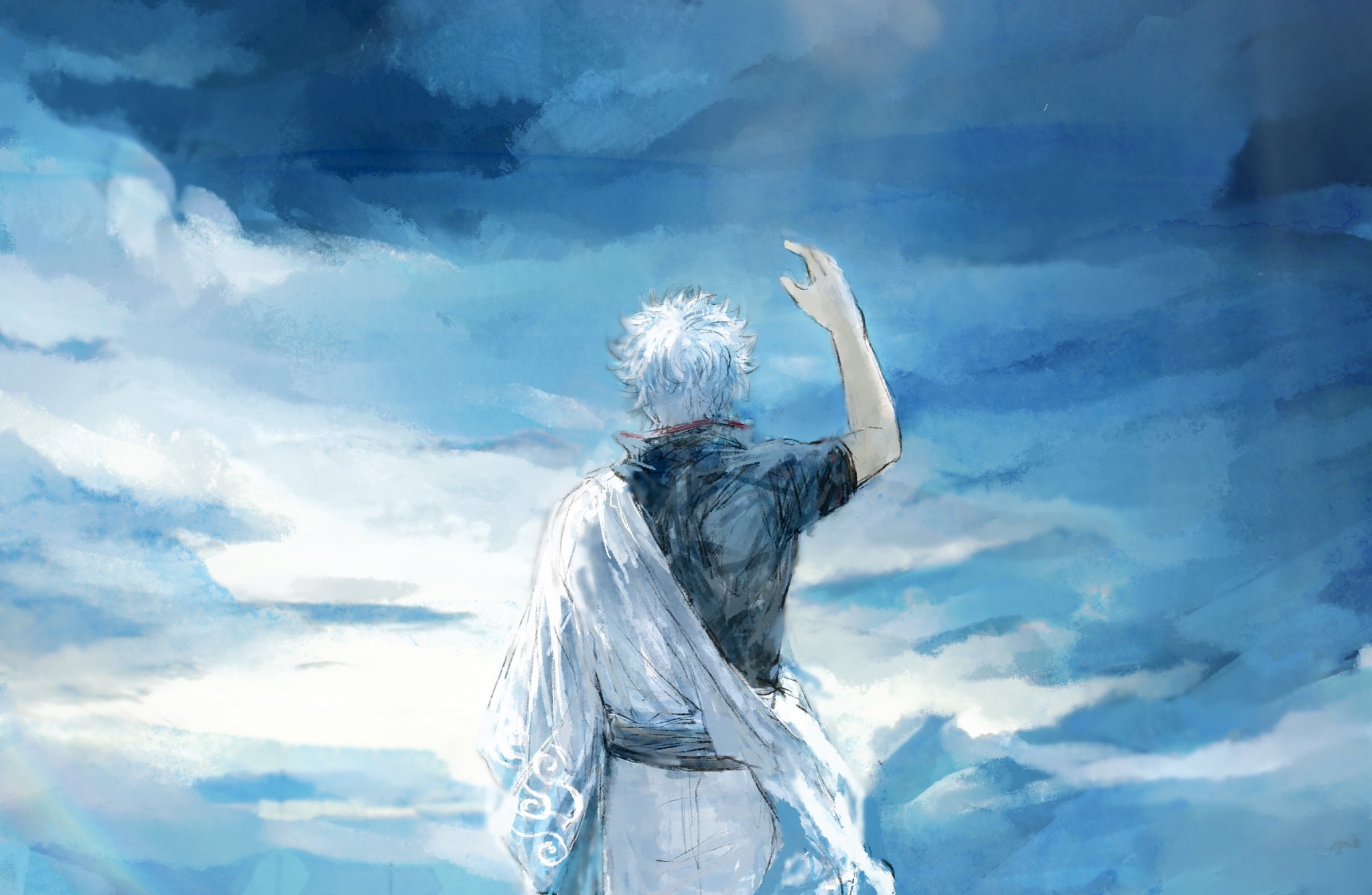 1boy arm_up black_shirt blue_sky cloud cloudy_sky cowboy_shot day facing_away from_behind gintama hadanugi_dousa hand_up high_collar highres japanese_clothes kimono long_sleeves lushu_kuye male_focus open_clothes open_kimono outdoors sakata_gintoki shirt short_hair short_sleeves sky solo white_hair white_kimono