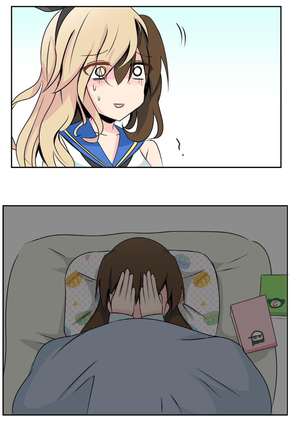 1girl comic cosplay covering_face cyberdemon_no3 embarrassed eyes_visible_through_hair futon gloom_(expression) highres kantai_collection lying night on_back original shimakaze_(kancolle) shimakaze_(kancolle)_(cosplay) under_covers unworn_wig wig