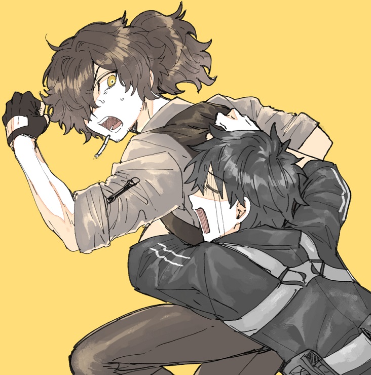 2boys beard_stubble belt_pouch black_gloves black_hair black_shirt brown_hair brown_pants brown_vest cigarette clenched_hand closed_eyes collared_shirt commentary_request crying facial_hair fate/grand_order fate_(series) fingerless_gloves fujimaru_ritsuka_(male) fujimaru_ritsuka_(male)_(polar_chaldea_uniform) gloves grey_shirt hair_over_one_eye hand_up hug hug_from_behind long_hair looking_at_another looking_back male_focus multiple_boys okada_izou_(fate) okada_izou_(i&#039;m_one_dapping_fella)_(fate) one_eye_covered open_mouth pants parted_bangs ponytail pouch shirt short_hair simple_background sleeves_rolled_up streaming_tears stubble sweatdrop tears teeth vest yellow_background yellow_eyes yuta_arata