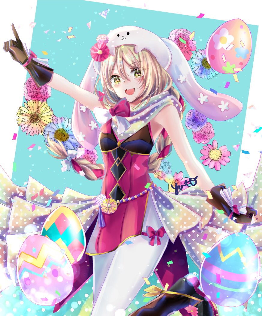 1girl animal_hat blonde_hair braid brown_gloves easter_egg egg expressive_clothes fire_emblem fire_emblem_engage fire_emblem_heroes framme_(fire_emblem) framme_(spring)_(fire_emblem) gloves hair_over_shoulder hat nintendo official_alternate_costume pantyhose pelvic_curtain pink_hair polka_dot polka_dot_scarf rabbit_hat scarf single_braid solo white_pantyhose yellow_eyes yuyu_(spika)