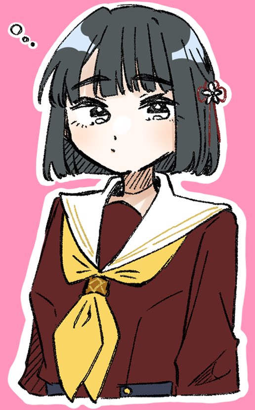 1girl black_hair blunt_bangs blunt_ends bob_cut brown_dress closed_mouth commentary cropped_torso dress flower flower_knot hair_flower hair_ornament hasu_no_sora_school_uniform link!_like!_love_live! long_sleeves looking_at_viewer love_live! momose_ginko neckerchief outline pink_background puripuri_hurai sailor_collar sailor_dress school_uniform short_hair simple_background solo squeans virtual_youtuber white_outline white_sailor_collar winter_uniform yellow_neckerchief