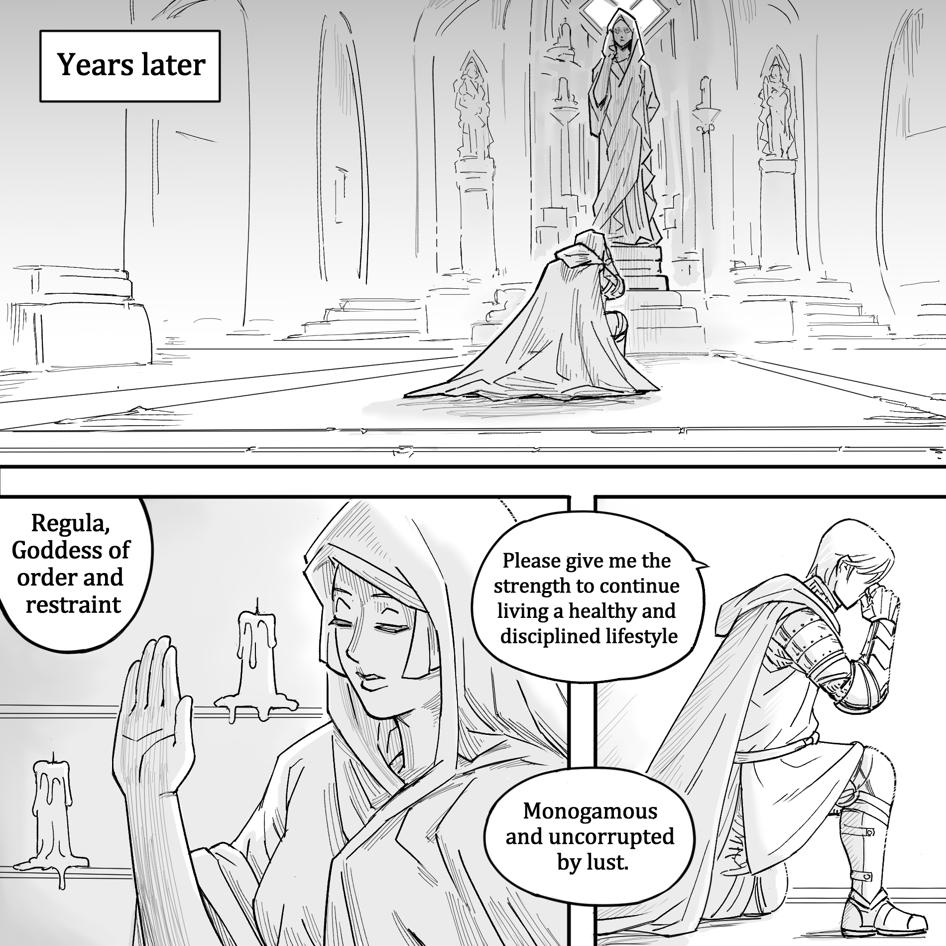 1boy armor bb_(baalbuddy) candle cape capelet cloak closed_eyes english_text gauntlets hand_up highres hood hooded_capelet hooded_cloak indoors kneeling monochrome on_one_knee original paladin praying short_hair solo speech_bubble statue temple