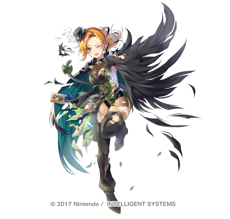 1girl belt blush boots bow bracelet breasts brown_eyes brown_hair cape card cat_tail cath_(fire_emblem) cath_(thief)_(fire_emblem) coin copyright_notice elbow_gloves feathers fire_emblem fire_emblem:_the_binding_blade fire_emblem_heroes flower full_body gem gloves gold_coin half_mask hat high_heels holding jewelry leg_up long_hair mask medium_breasts mini_hat nintendo official_art one_eye_closed pantyhose parted_bangs ringozaka_mariko sleeveless solo tail thigh_boots torn_cape torn_clothes torn_mask torn_pantyhose white_background