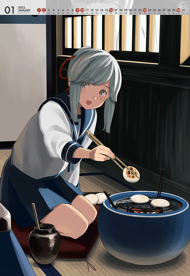 1girl adapted_costume blue_sailor_collar blue_skirt brown_eyes calendar_(medium) chopsticks commentary_request cushion food grey_hair grill jar kantai_collection long_hair long_sleeves mochi official_art pleated_skirt ponytail sailor_collar school_uniform seiza serafuku shibafu_(glock23) shichirin sitting skirt solo tatami usugumo_(kancolle) zabuton