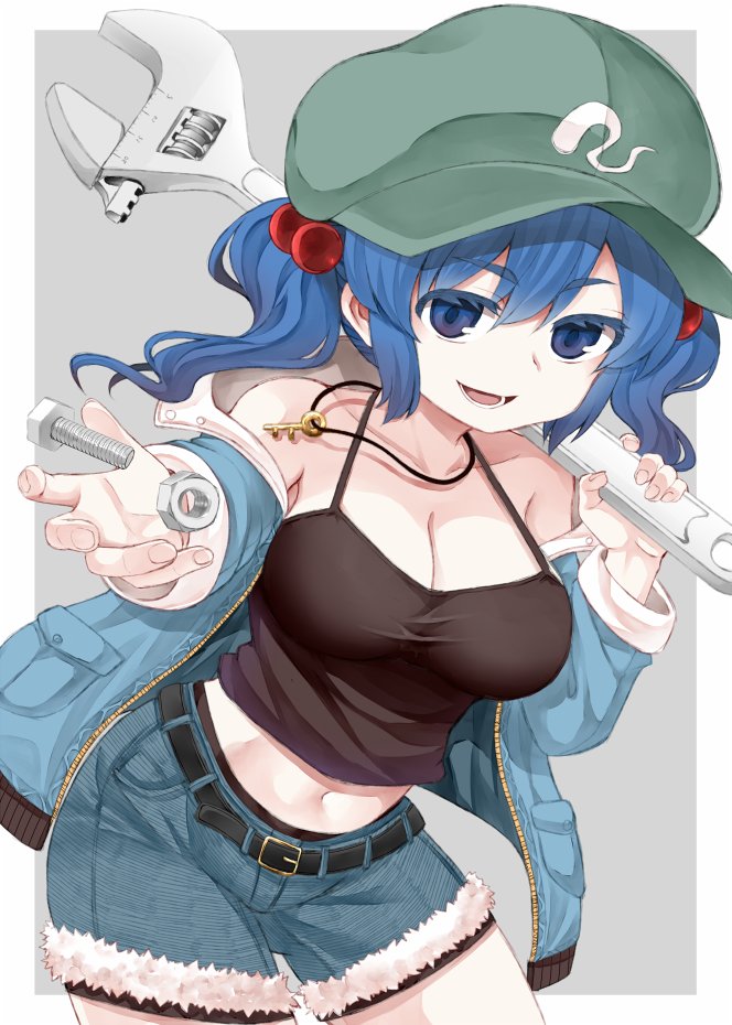 1girl belt black_belt black_tank_top blue_eyes blue_hair blue_jacket blue_shorts bolt_(hardware) breasts cleavage collarbone cowboy_shot flat_cap green_hat hair_bobbles hair_ornament hat jacket kawashiro_nitori key large_breasts long_sleeves medium_hair navel nut_(hardware) open_clothes open_jacket open_mouth shorts smile solo tank_top touhou two_side_up wrench zetsumame