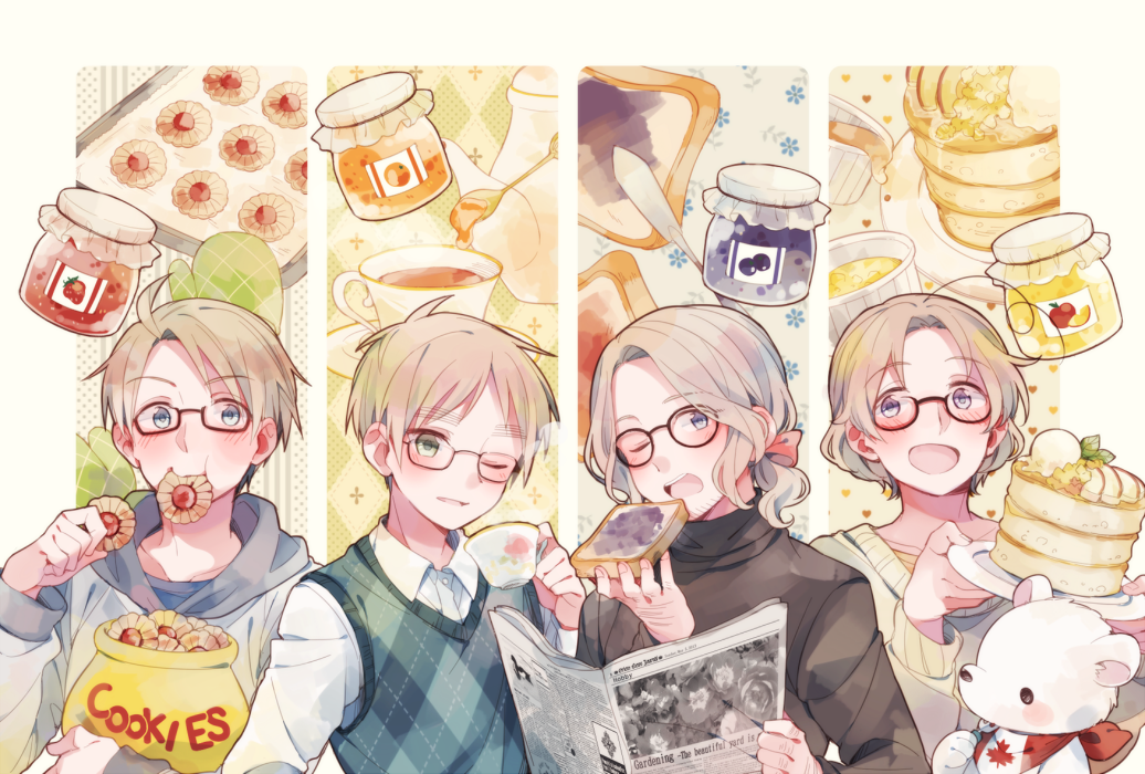 4boys ahoge america_(hetalia) axis_powers_hetalia black_sweater blonde_hair blue_eyes blue_hoodie blueberry_jam bow bread bread_slice canada_(hetalia) canadian_flag canadian_flag_print collared_shirt cookie cup eating flag_print food food_in_mouth fork france_(hetalia) glasses green_eyes green_sweater_vest hair_bow hands_up holding holding_cup holding_food holding_jar holding_newspaper holding_plate honey hood hoodie jam jar kettle kitchen_knife long_sleeves looking_at_viewer male_focus multiple_boys newspaper one_eye_closed open_mouth pancake plaid_clothes plaid_sweater_vest plate puffy_long_sleeves puffy_sleeves purple_eyes red-framed_eyewear red_bow saku_anna semi-rimless_eyewear shirt short_hair smile strawberry_jam stuffed_animal stuffed_toy sweater sweater_vest tea teddy_bear teeth thumbprint_cookie toast tray turtleneck turtleneck_sweater united_kingdom_(hetalia) upper_body white_shirt yellow_sweater