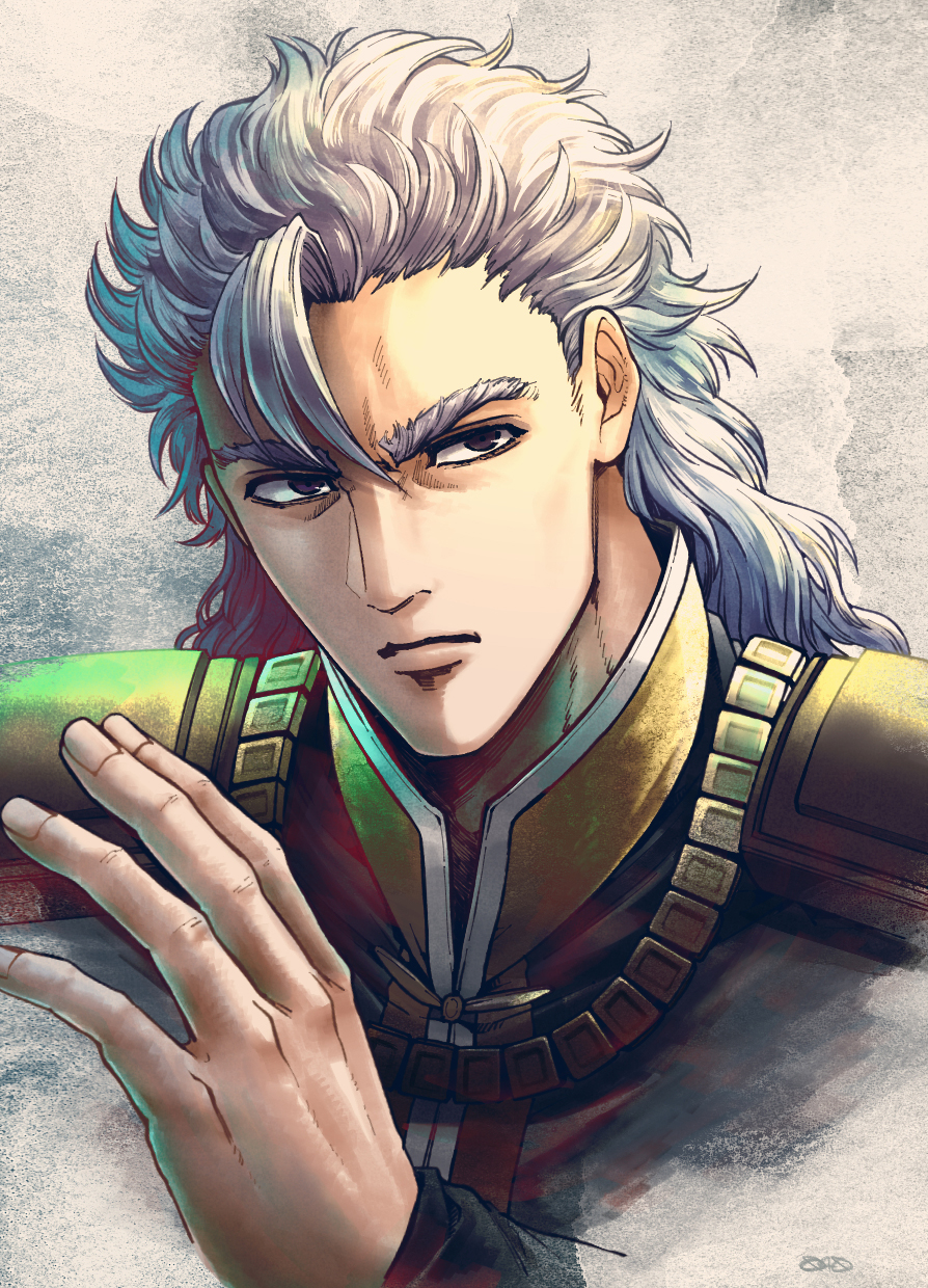 040shao 1boy aged_down black_shirt closed_mouth commentary hand_up highres hokuto_no_ken looking_to_the_side male_focus medium_hair purple_eyes shirt shoulder_pads shu_(hokuto_no_ken) solo upper_body white_background white_hair