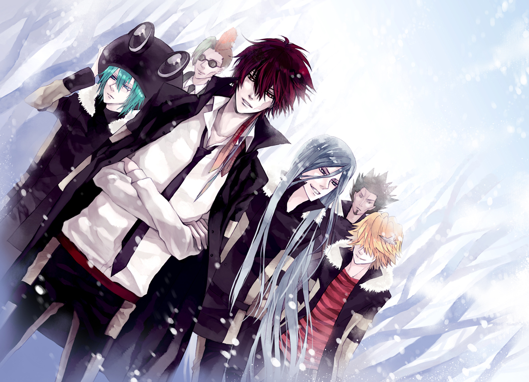 belphegor_(umineko) bian_(artist) black_hair blonde_hair brown_hair crown dutch_angle formal_clothes glasses green_eyes green_hair grey_hair hat katekyo_hitman_reborn! long_hair lussuria necktie red_eyes red_hair short_hair suit sunglasses superbi_squalo xanxus