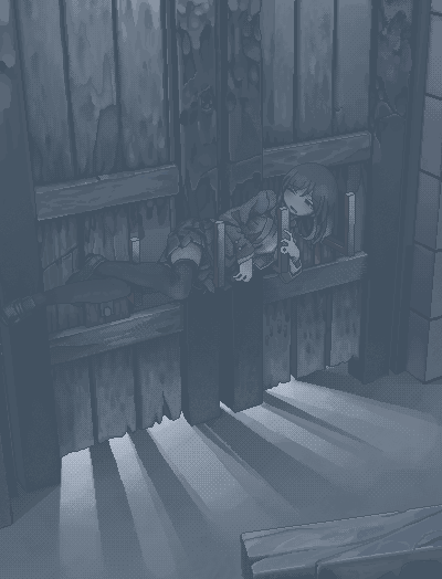 1girl black_thighhighs gate hamsterfragment indoors long_hair long_sleeves lying monochrome no_nose on_side one_eye_closed open_mouth original pixel_art pleated_skirt shoes skirt solo suicidal_girl_(hamsterfragment) thighhighs wooden_door