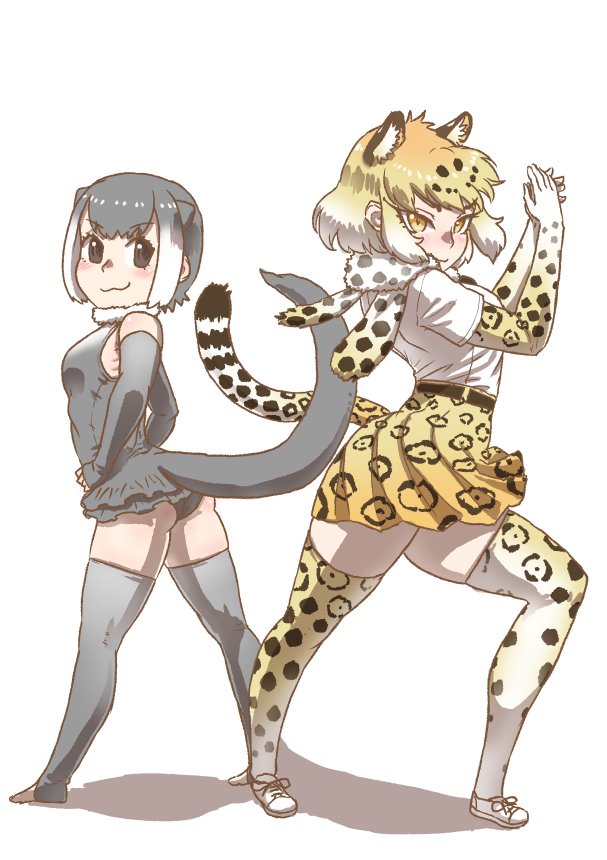 2girls :3 animal_ears ass bare_shoulders belt black_hair blonde_hair cat_girl clapping closed_mouth colored_inner_hair dancing elbow_gloves extra_ears fingerless_gloves flamenco full_body fur_collar fur_scarf gloves grey_hair grey_one-piece_swimsuit hands_on_own_hips hands_up jaguar_(kemono_friends) jaguar_ears jaguar_girl leopard_print jaguar_tail kemono_friends kishida_shiki looking_at_viewer looking_back medium_hair microskirt multicolored_hair multiple_girls one-piece_swimsuit otter_ears otter_tail own_hands_together print_legwear print_neckwear print_skirt print_thighhighs scarf shirt short_hair short_sleeves sidelocks skirt small-clawed_otter_(kemono_friends) smile standing swimsuit tail thighhighs toeless_legwear twisted_torso two-tone_hair white_hair white_shirt zettai_ryouiki