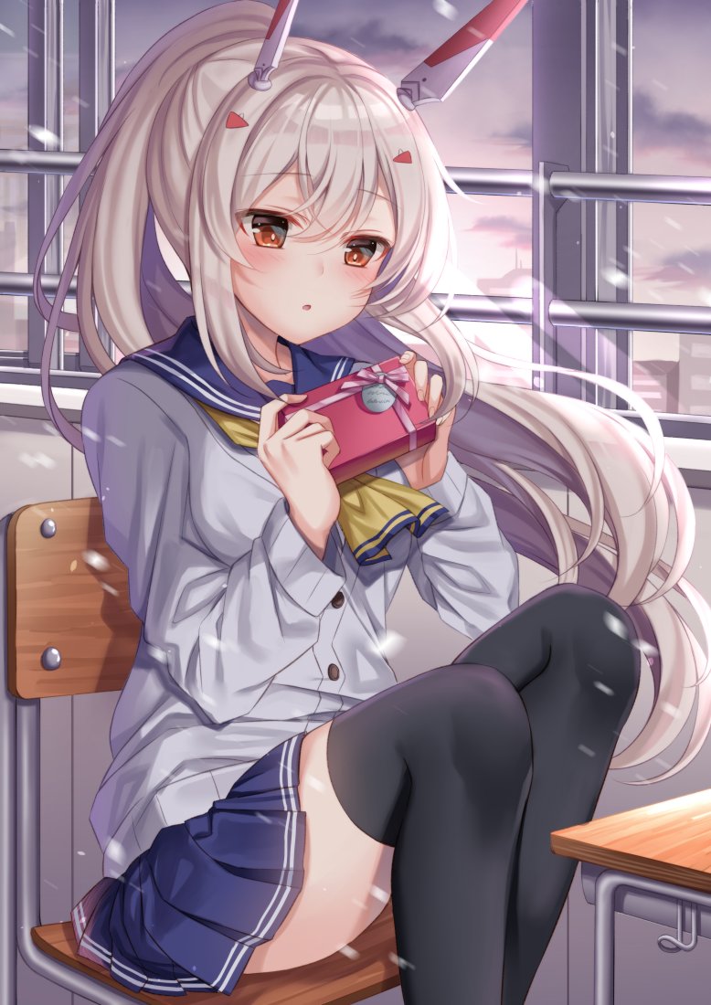 1girl alternate_costume ayanami_(azur_lane) ayanami_(retrofit)_(azur_lane) azur_lane black_thighhighs blue_skirt blush building classroom cloud cloudy_sky commentary_request desk eyes_visible_through_hair gift hair_ornament hairclip headgear holding holding_gift long_hair looking_down orange_eyes parted_lips petals pleated_skirt ponytail retrofit_(azur_lane) school school_desk school_uniform serafuku sidelocks silver_hair sitting skirt sky skyscraper solo sugisaki_yuu sweater thighhighs twilight valentine wind window zettai_ryouiki