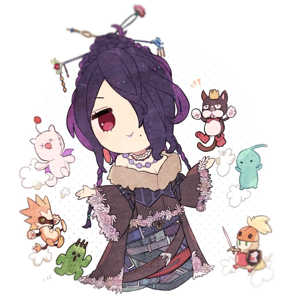 1girl bad_id bad_pixiv_id bare_shoulders belt belt_buckle black_dress braid breasts buckle cait_sith_(final_fantasy) chibi cleavage closed_mouth dress female_focus final_fantasy final_fantasy_x full_body fur_collar hair_ornament hair_over_one_eye hair_stick jewelry kawasumi_(pixiv326156) lipstick long_hair long_sleeves looking_at_viewer lulu_(ff10) makeup mole mole_under_mouth moogle moomba necklace off-shoulder_dress off_shoulder onion_knight pupu_(ff8) purple_hair purple_lips red_eyes sabotender smile solo stuffed_toy wide_sleeves