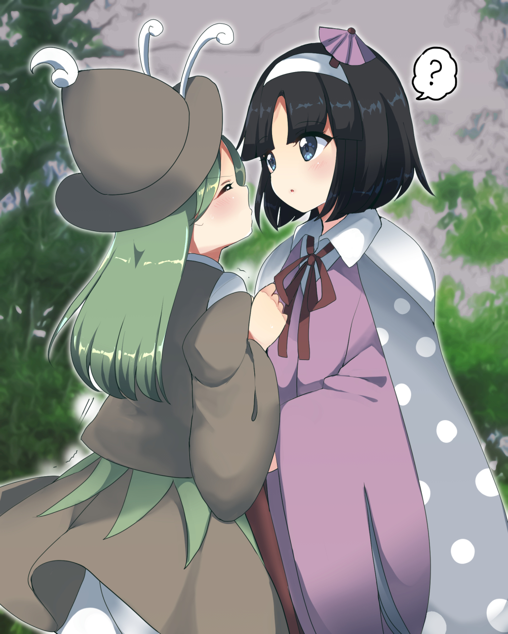 2others ? amanomiya_jun amanomori_shou androgynous antennae black_hair blue_eyes brown_headwear brown_skirt brown_sleeves brown_vest closed_eyes collared_shirt commentary_request detached_sleeves green_hair hairband hat highres imminent_kiss layered_sleeves len&#039;en long_hair long_sleeves multiple_others open_mouth other_focus ougi_hina pants pants_under_skirt parted_lips pink_sweater puckered_lips shirt short_hair skirt spoken_question_mark sweater trembling two-sided_fabric two-sided_sleeves umbrella_hair_ornament vest white_hairband white_pants white_shirt wide_sleeves