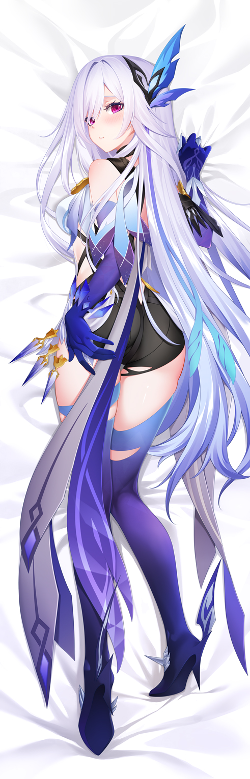 1girl armpits ass bandana bed_sheet black_bandana black_leotard blush boots breasts closed_mouth covered_navel dakimakura_(medium) dakimakura_(object) elbow_gloves feather_hair_ornament feathers full_body genshin_impact gloves hair_ornament highres kirilenko_(cgd) leotard long_hair looking_at_viewer lying medium_breasts multicolored_hair on_bed on_side pillow purple_boots purple_gloves purple_hair skirk_(genshin_impact) solo streaked_hair thigh_boots thighs very_long_hair white_hair