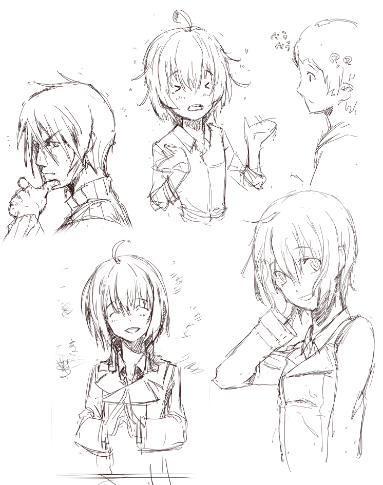 &gt;_&lt; 00s 1boy 1girl ? ?? ^_^ androgynous closed_eyes cropped_torso dress_shirt gabiran kino_(kino_no_tabi) kino_no_tabi reverse_trap shirt shizu_(kino_no_tabi) short_hair simple_background sketch smile turtleneck white_background