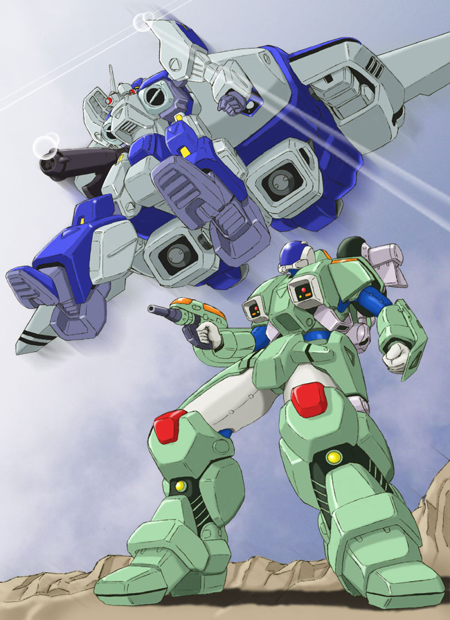 1980s_(style) amiba00 armor beam_rifle energy_gun flying gun gunpod kikou_souseiki_mospeada legioss lens_flare mecha mospeada mospeada_(mecha) no_humans oldschool power_armor power_suit ray ray_(mospeada) ray_gun retro_artstyle ride_armor robot science_fiction stick_bernard tread weapon