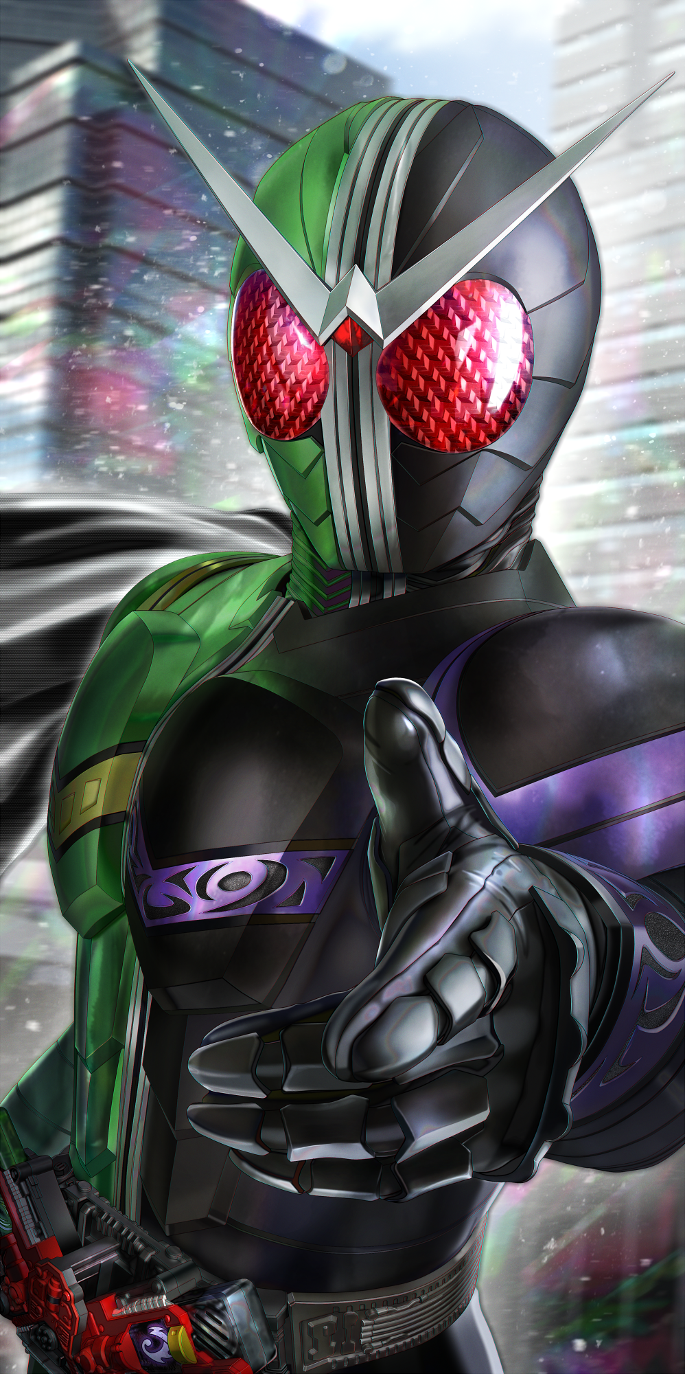 1boy antennae armor belt black_armor black_scarf compound_eyes double_driver gaia_memory green_armor helmet highres kamen_rider kamen_rider_double kamen_rider_w looking_at_viewer male_focus masukudo_(hamamoto_hikaru) pointing red_eyes rider_belt scarf solo standing tokusatsu