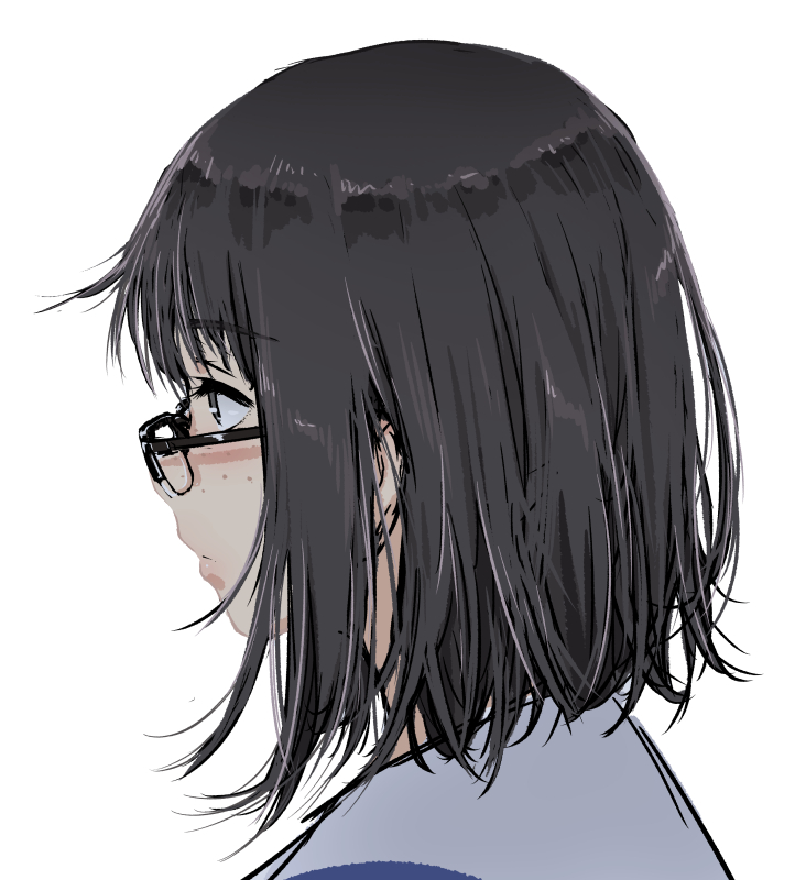 1girl black_hair commentary eizouken_ni_wa_te_wo_dasu_na! freckles glasses henriiku_(ahemaru) kanamori_sayaka school_uniform semi-rimless_eyewear shibahama_high_school_uniform short_hair simple_background solo white_background